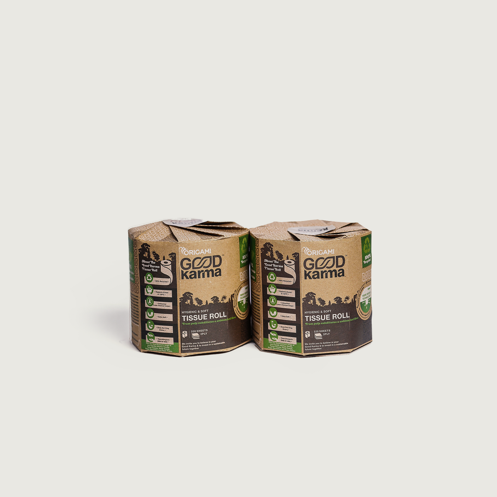 Origami Good Karma Toilet Roll Single, 320 Pulls- Pack of 2 Rolls